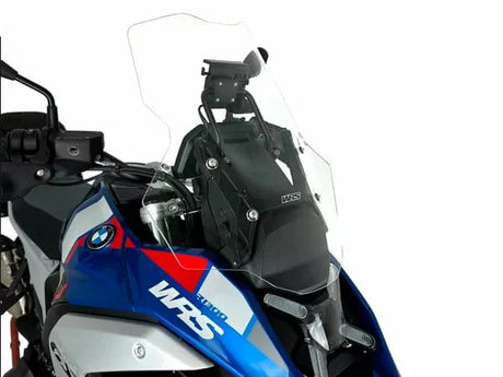 WRS Caponord Plus windscherm for BMW R1300GS, transparent or smoked, showcasing the motorcycle windshield with mounting details