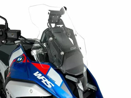 WRS Touring Plus windscherm in transparant or smoked for BMW R1300GS GSA motorcycle, shown in a close-up view.
