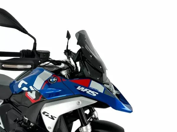 Dark smoked WRS windscherm with Radar R1300 GS and Adventure models, providing wind protection for motorcycle riders.