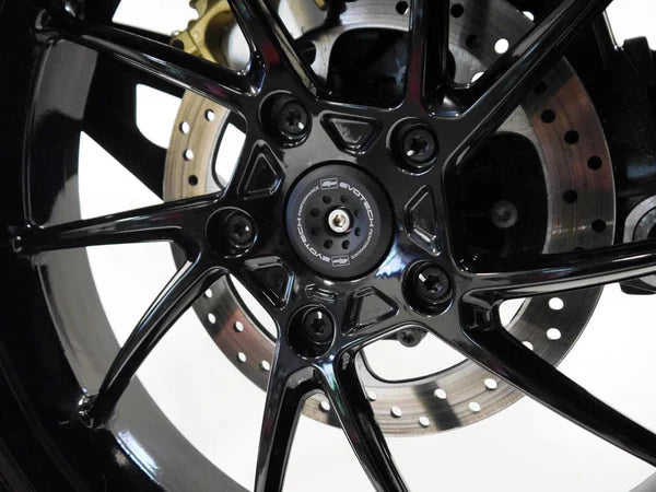 EvoTech TFT voorvork en cardan bescherming voor BMW R1300GS, zwart kunststof met merklogo, beschermt voorvork en cardan onderdelen.