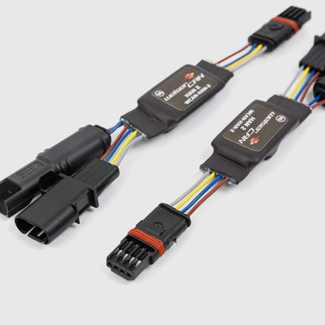 WeiserCAN splitter wiring harness for BMW OEM turn signal indicator, shown with connected cables and connectors.