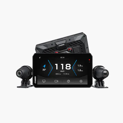 ApexMoto Chigee AIO-5 EVO motorcycle smart riding system installed on a motorcycle with digital display and control buttons