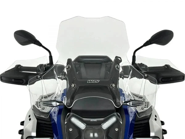 WRS Caponord Plus windscherm with radar for BMW R1300GS Adventure motorcycle, shown on the bike with clear windshield and mounting hardware.