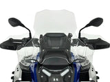 WRS Caponord Plus windscherm with radar for BMW R1300GS Adventure motorcycle, shown on the bike with clear windshield and mounting hardware.