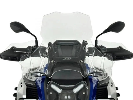 WRS Caponord Plus windscherm with radar for BMW R1300GS Adventure motorcycle, shown on the bike with clear windshield and mounting hardware.