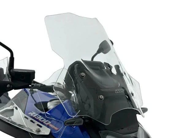 WRS Caponord Plus windscherm with radar for BMW R1300GS Adventure motorcycle, showing clear aerodynamic shield with radar integration