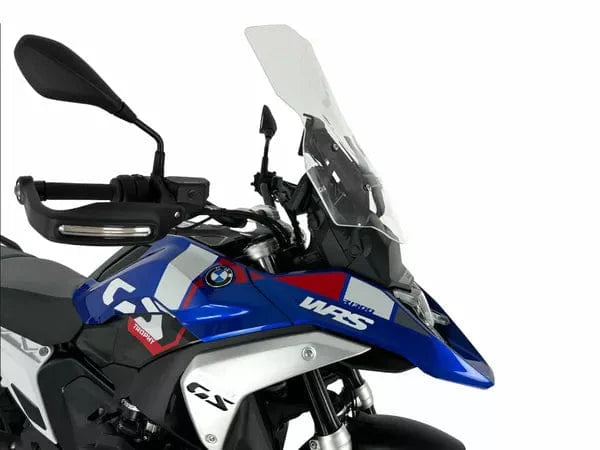 WRS Caponord Plus windscherm for BMW R1300GS, transparent or smoked, shown installed on motorcycle for wind protection.