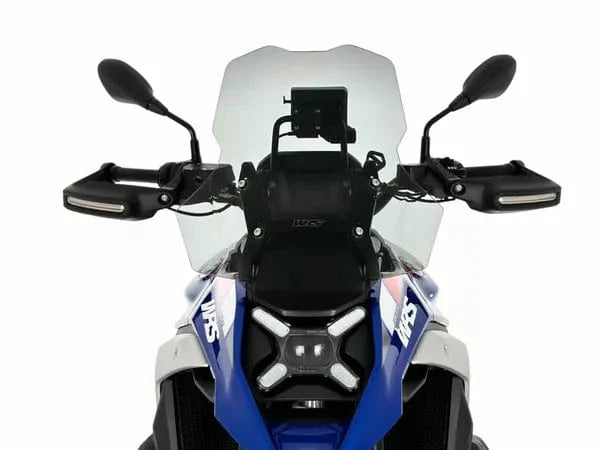 WRS Caponord Plus windscherm for R1300GS, transparent or smoked, mounted on motorcycle for wind protection.