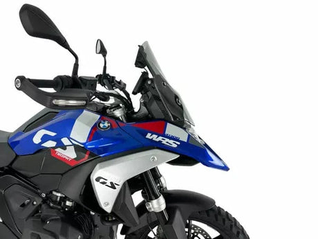 WRS Standaard Plus windscherm for BMW R1300GS, transparent or smoked, shown on motorcycle with clear and smoked options visible.