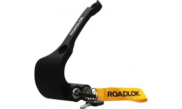 Roadlok XRA Eurosport ART4 100mm disc lock on BMW R1250GS and R1200LC motorcycle, black security lock with key mechanism.