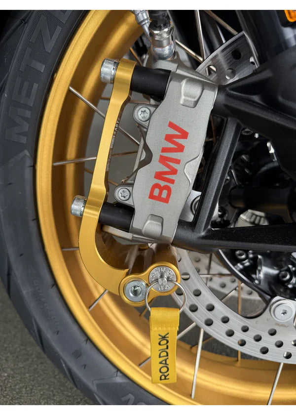 Roadlok XRA Eurosport ART4 100mm disc lock on BMW R1300GS, R1250GS, and 1200 LC motorcycle brake disc for security.